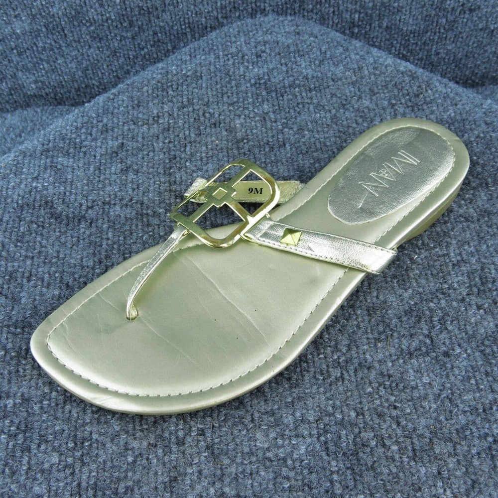 IMAN Women Thong Sandal Shoes Gold Leather Size 9 Medium